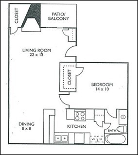 A floor plan of a home with a living room, dining room, kitchen, bedroom, bathroom and closet.